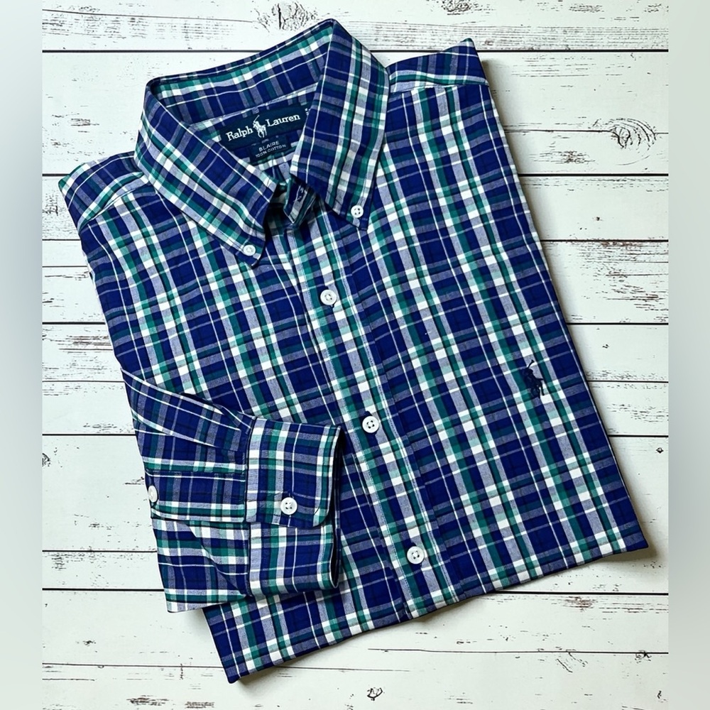 Ralph Lauren Blaire OCBD Oxford Shirt XL Plaid Pony Purple Green Preppy